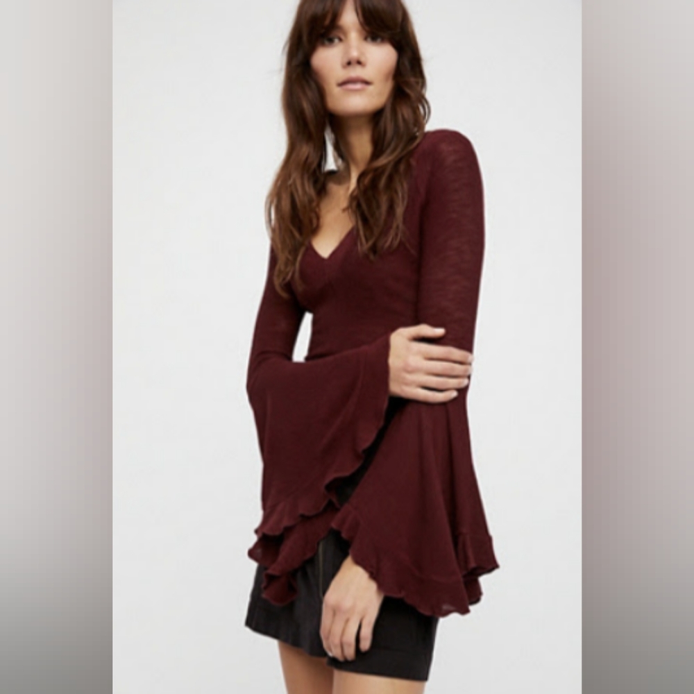 Free People Merlot Long Bell Sleeve Blouse